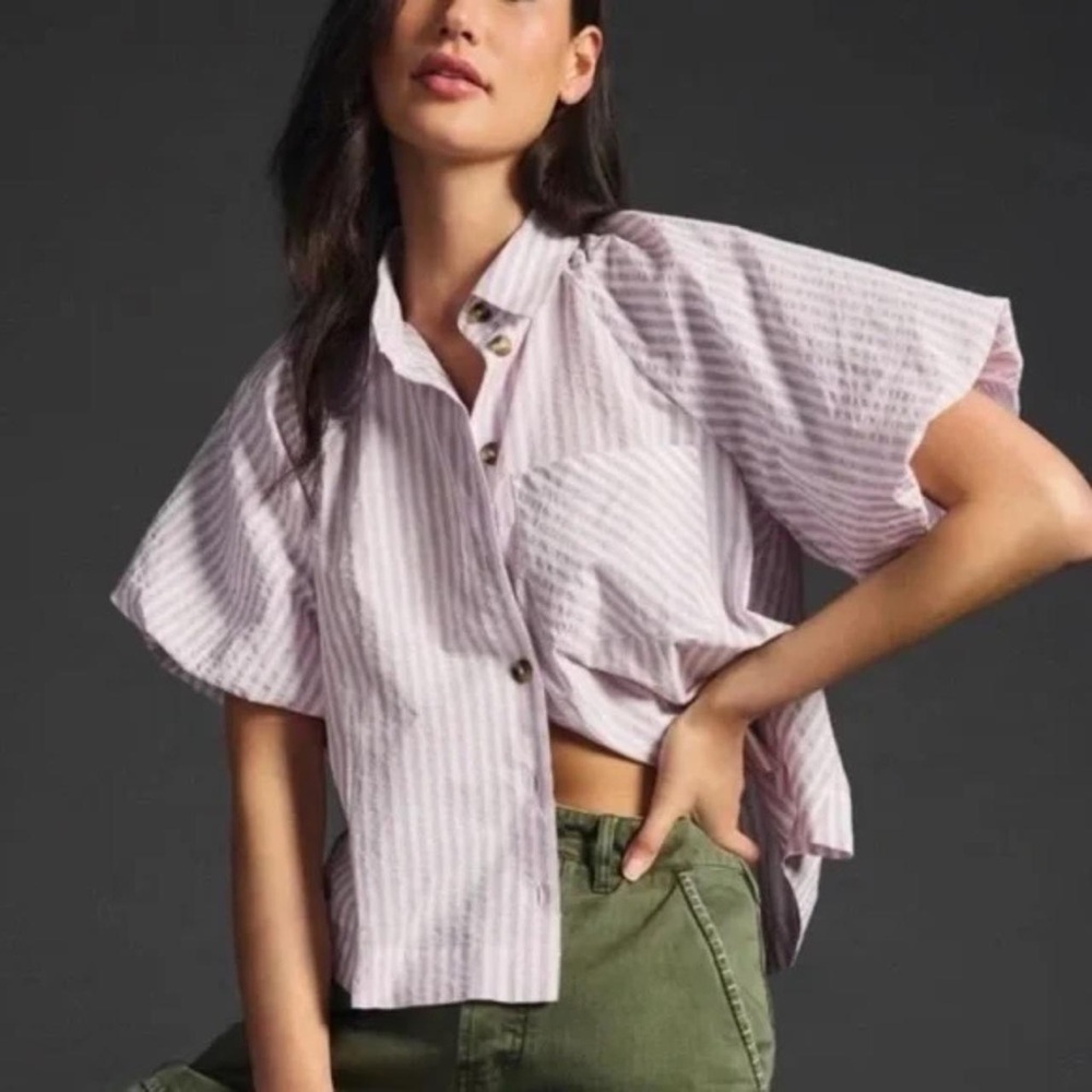 Maeve Light Pink Striped Short-Sleeve Button-Up Top